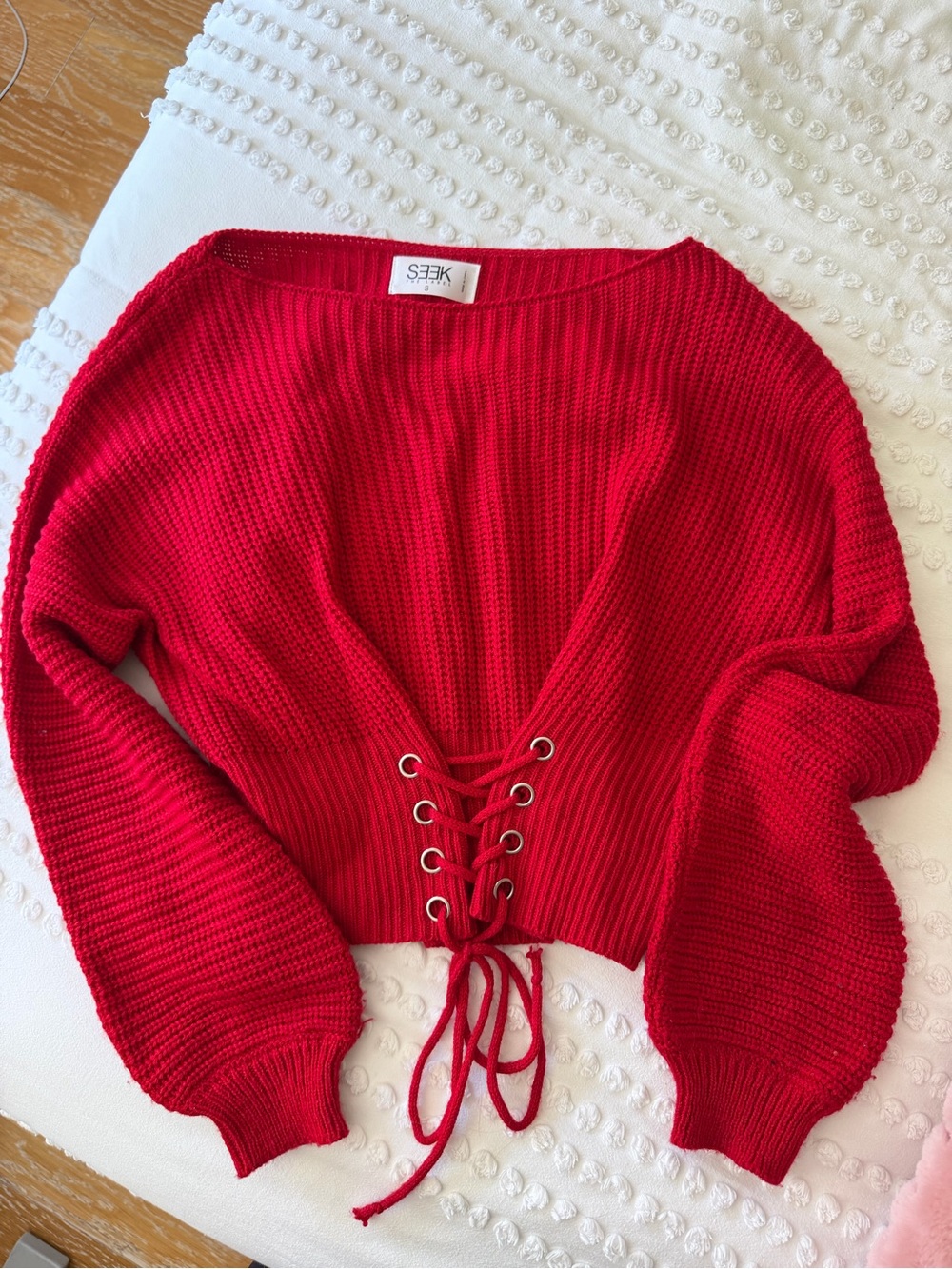 SEEK Red Off-the-Shoulder Lace-Up Women's Sweater